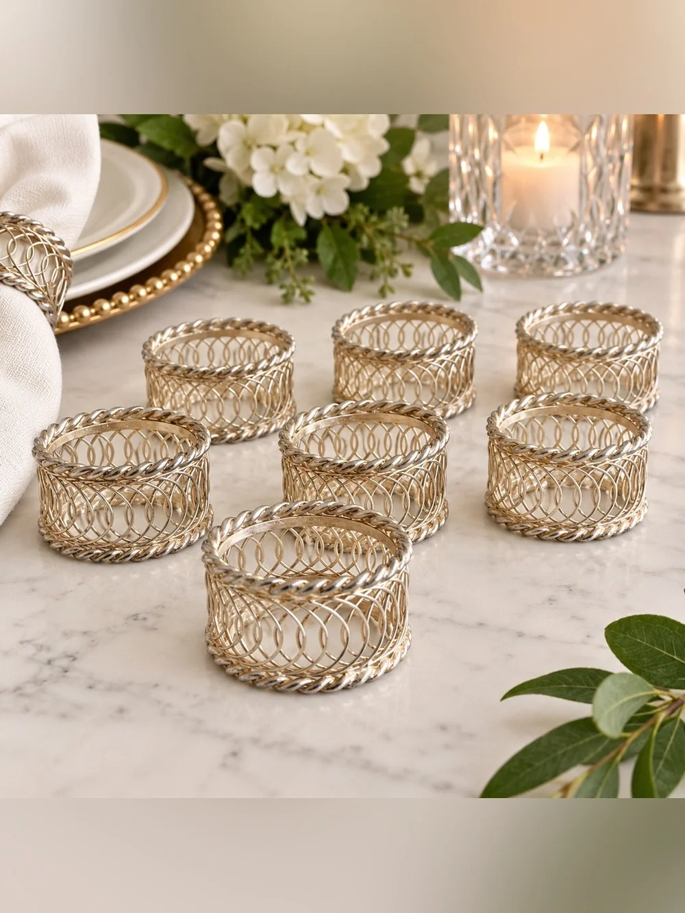 Vintage Two-Tone Woven Wire Napkin Rings Set of 8 Silver Gold Rope Trim 2”